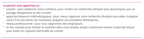 Le parrain vous aidera notamment à adapter votre CV et votre lettre de motivation et vous fera profiter de son réseau professionnel. 